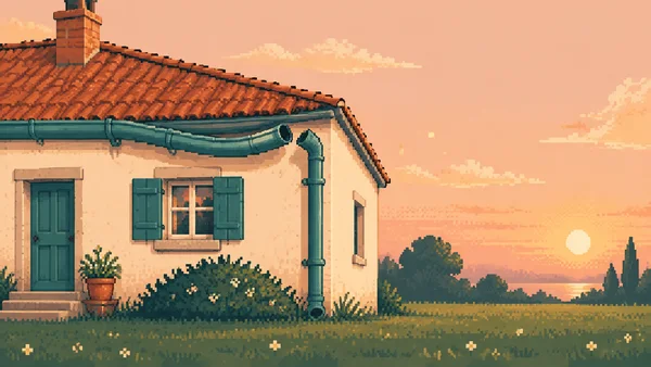 A cream cottage with a terracotta roof stands in a pixel-art garden at sunset.