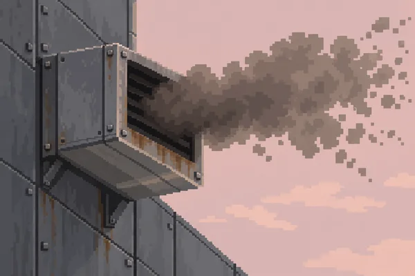 A dark rectangular exhaust vent projects from a bolted slate-grey metal wall, releasing a brown-grey plume across a dusty-pink sky with pale pixelated clouds…