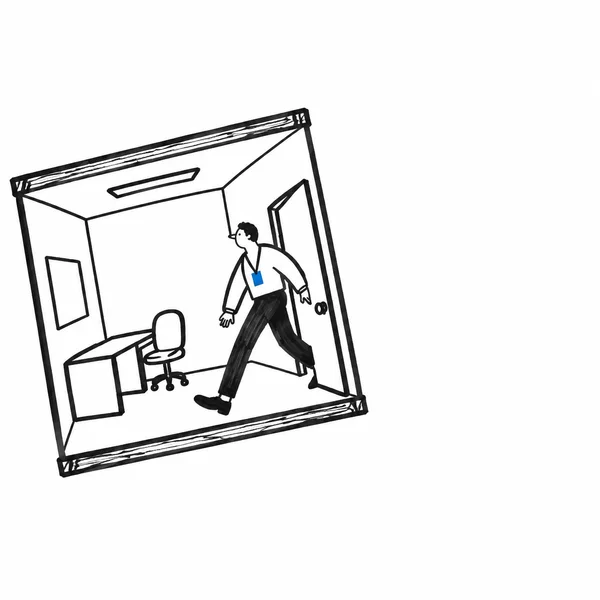 A hand-drawn black-marker cutaway of a small office, tilted on white, with a desk and rolling chair inside.