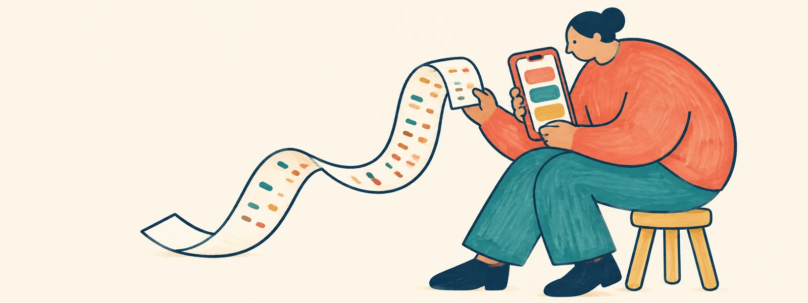 A stylized person sits sideways on a small ochre stool, looking at a coral phone while holding a long curling receipt that stretches across the ivory…