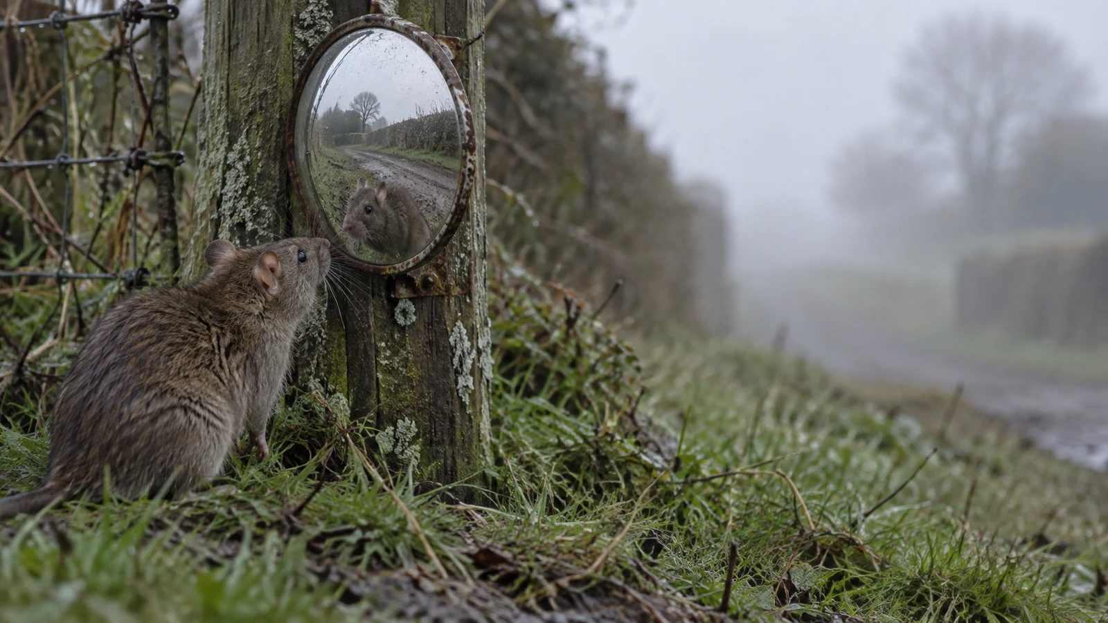 A brown rat sits in damp grass beside a lichen-covered fence post, facing a round convex mirror that reflects the rat, a muddy track and a misty hedgerow.