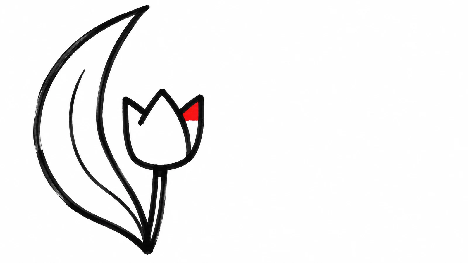 A hand-drawn black-outline tulip with a small red patch on one petal sits on the left side of a white background, framed by an oversized crescent-shaped leaf…