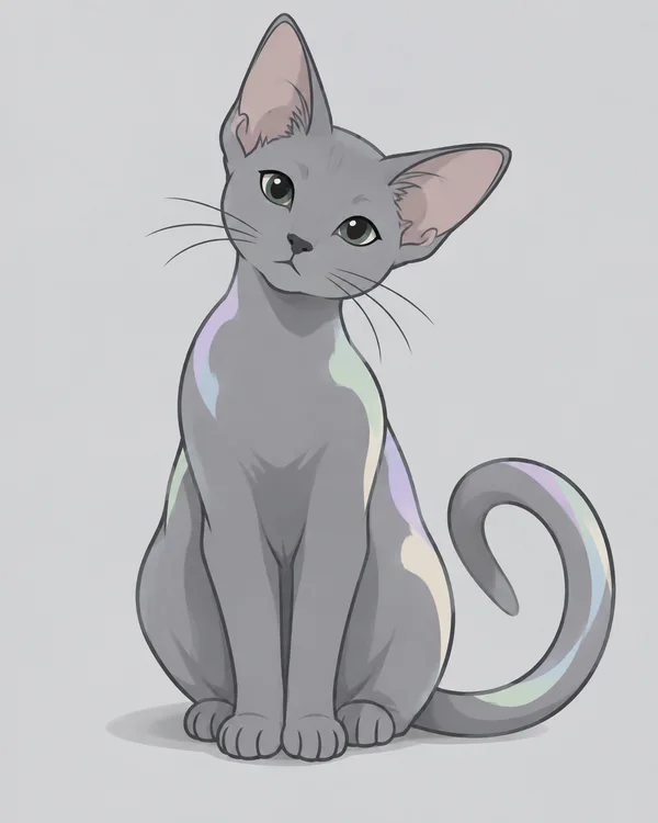 A seated gray cat faces forward with its head tilted, oversized pink-lined ears, dark almond eyes, long whiskers and a curled tail.