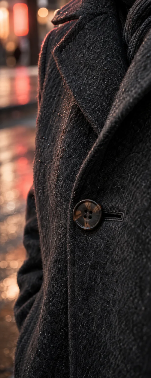 A close vertical view of a charcoal wool coat with a large brown, four-hole button and stitched buttonhole; warm coral and amber lights blur in the background.