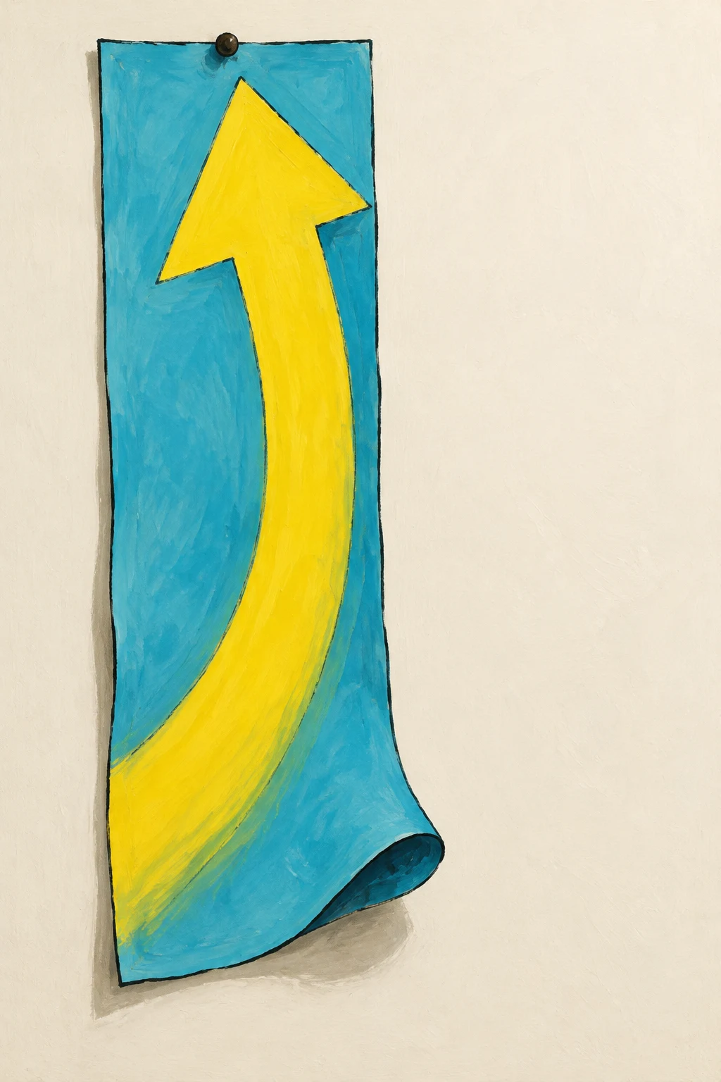 A tall, narrow cyan paper notice hangs from a dark pin on a warm ivory wall, with a large yellow arrow curving upward across it and the lower-right corner…