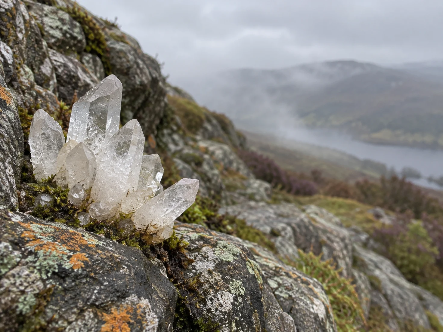 A translucent quartz crystal cluster rises from a lichen- and moss-speckled grey rock ledge, with one point angled outward; a softly blurred misty hillside…