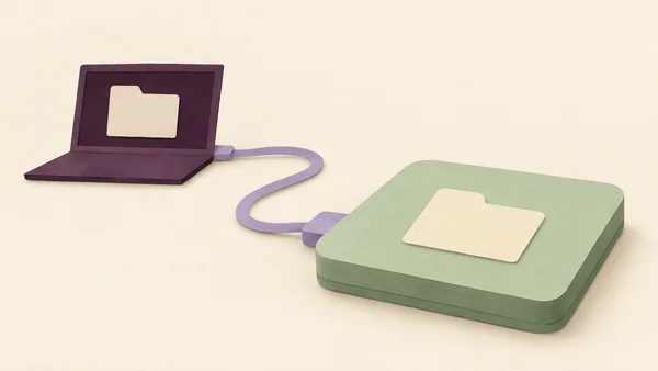 A deep-plum open laptop with a cream folder shape on its screen connects by a looping lilac cable to a large pale-mint rounded backup drive with a matching…