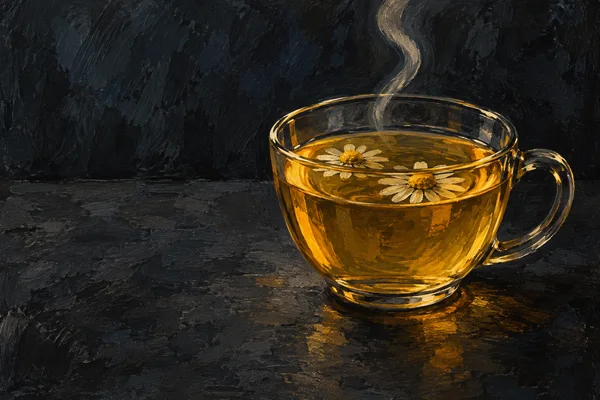 A transparent handled glass cup of golden chamomile tea sits on a dark textured tabletop, with two pale blossoms floating in the drink and a curling ribbon of…