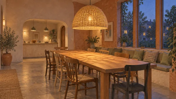 A warmly lit communal dining room with a long oak table, mismatched wooden chairs, a cushioned built-in bench, and a large woven pendant; cool blue dusk shows…