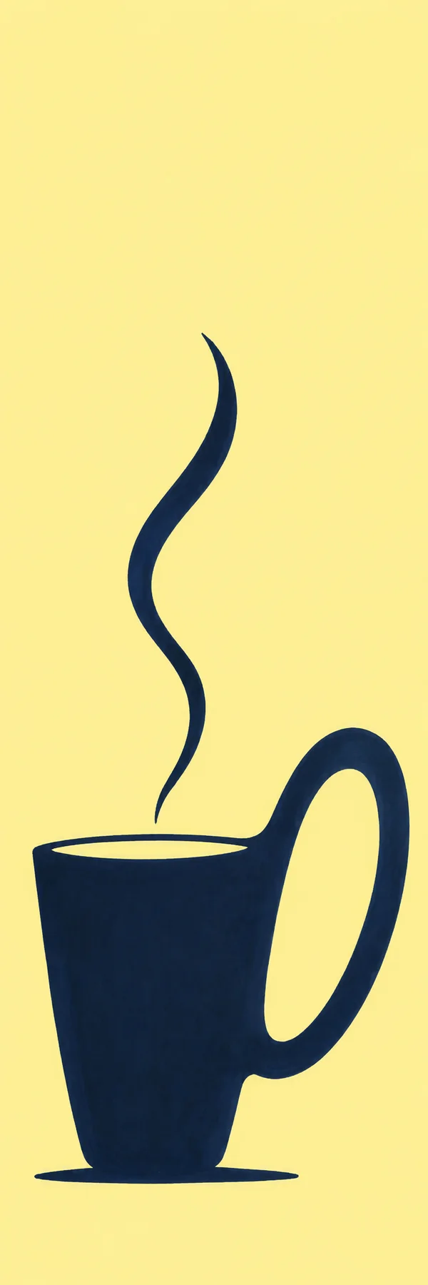 A large dark navy hand-drawn teacup with an oversized loop handle sits on a pale yellow background, with a single curved plume of steam above it and a…