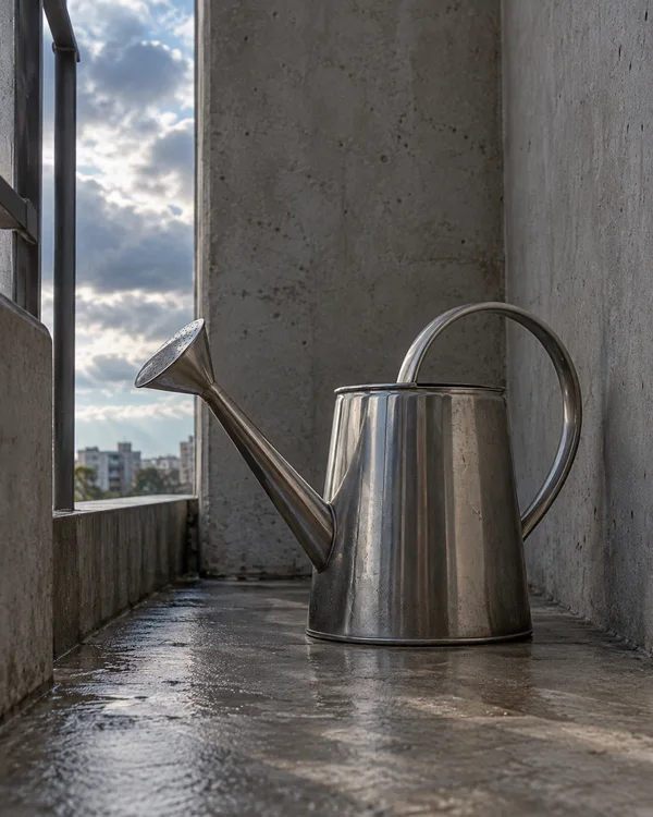A stainless-steel watering can rests on a wet concrete balcony floor in a narrow recess, its long spout pointing toward an open side with cloudy sky and…