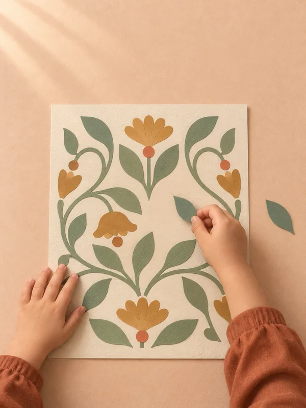 Overhead view of a cream sheet on a peach table, decorated with sage-green vines and ochre flowers.