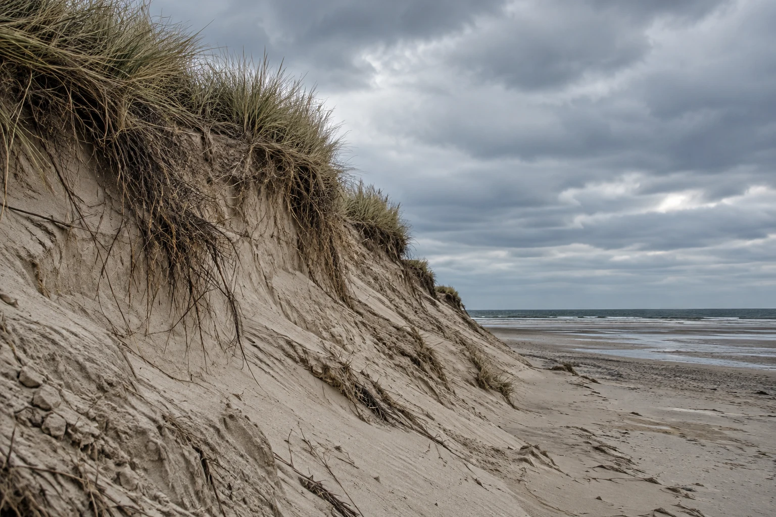 A close view of a pale, eroded coastal dune scarp topped with marram grass and exposed roots, beside a flat strip of wet sand and a dark sea beneath layered…