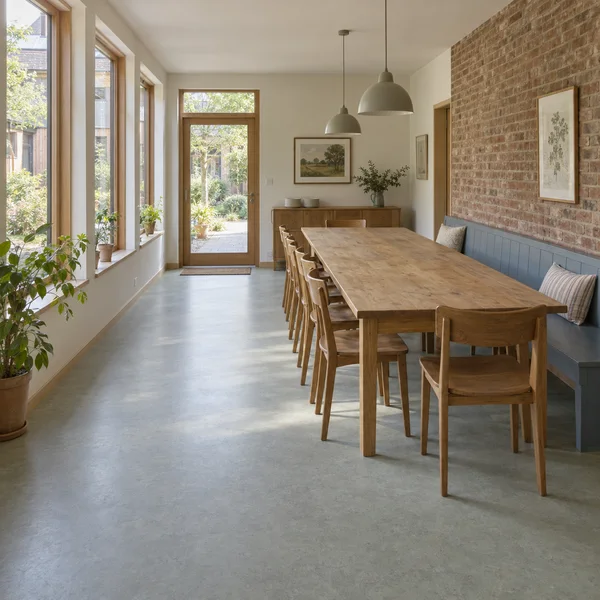 A long oak communal dining table and wooden chairs fill a bright room with a blue-painted bench against a brick wall.