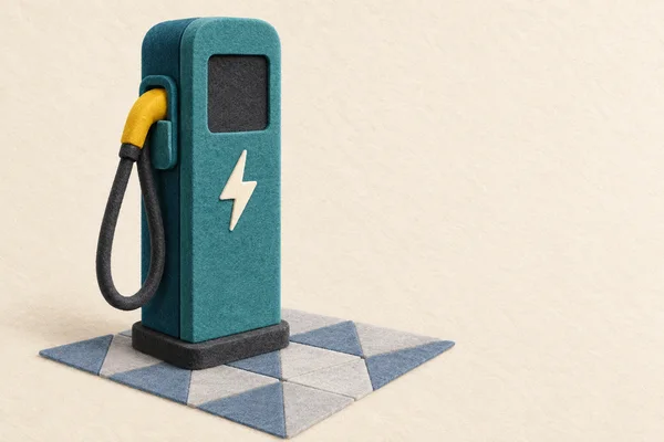 A teal felt electric-vehicle charging pedestal with a blank dark display and cream lightning-bolt symbol stands on blue and pale-gray triangular paving.