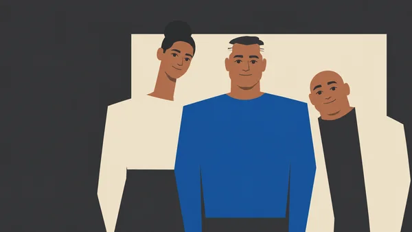 A stylized portrait of three smiling people in charcoal, cream and cobalt clothing against a cream shape on a dark background.