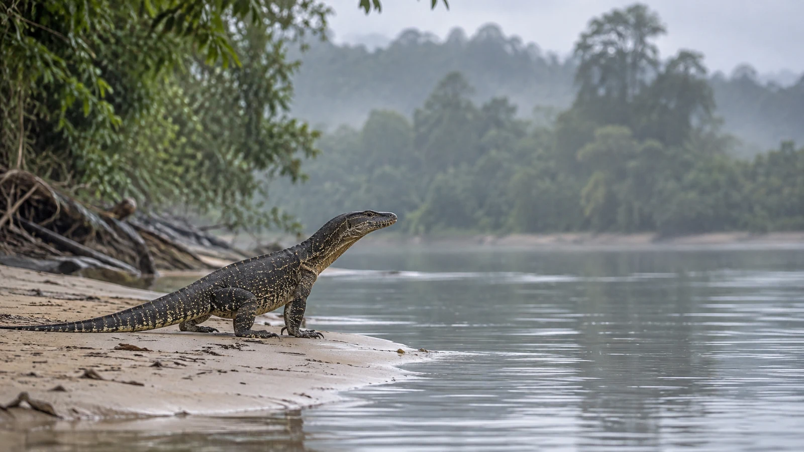 A dark, yellow-flecked water monitor stands in profile on a pale sandbar beside calm river water, with misty forest and overhanging vegetation in the…