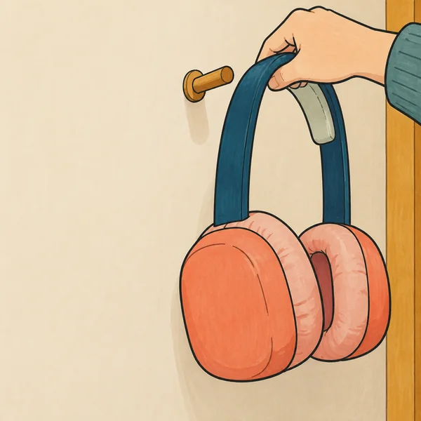 A hand lifts oversized coral headphones by their tall teal headband beside a short wooden wall peg, against a cream cupboard wall with an ochre door jamb at…
