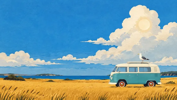 A white gull with a dark wing patch perches on the roof rack of a turquoise-and-cream camper van in golden grassland, beneath a broad blue sky with billowing…