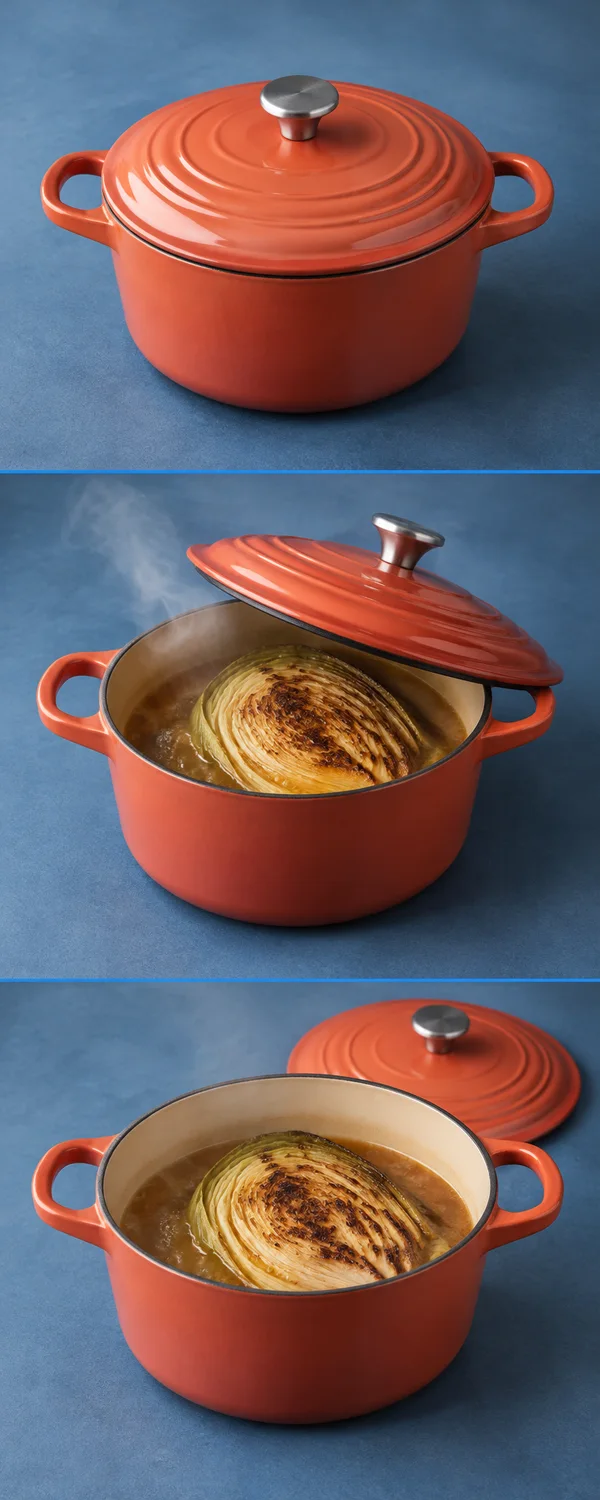 A three-panel vertical sequence shows a coral-red enamel casserole on a blue surface: first covered, then open with its lid tilted and steam rising over a…