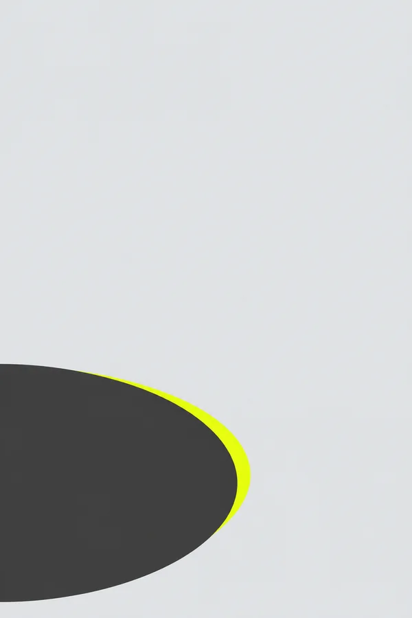A large dark graphite ellipse enters from the left across the lower portion of a pale grey portrait composition, edged along its upper-right curve by a bright…