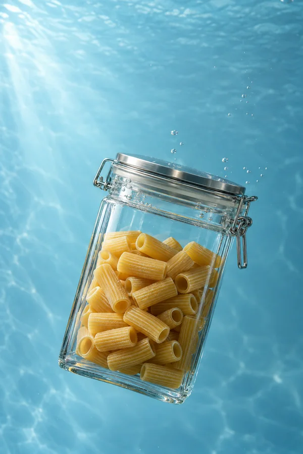A clear rectangular glass canister filled with golden rigatoni floats at a diagonal against a blue underwater background, with a brushed-metal clamp lid and…