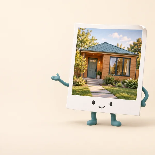 A smiling, teal-limbed photo print stands against a pale cream background, extending one hand beside a sunlit compact house with amber siding, a muted teal…