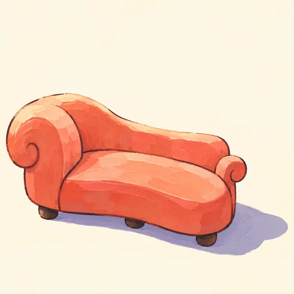A squat coral upholstered sofa with one oversized rolled arm and a smaller opposite arm sits on a warm cream floor, casting a violet shadow to the right.