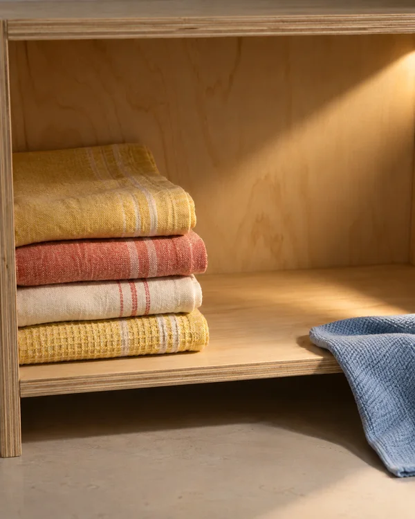 Four folded cotton towels in yellow, coral and cream sit on the left side of an open plywood shelf compartment.