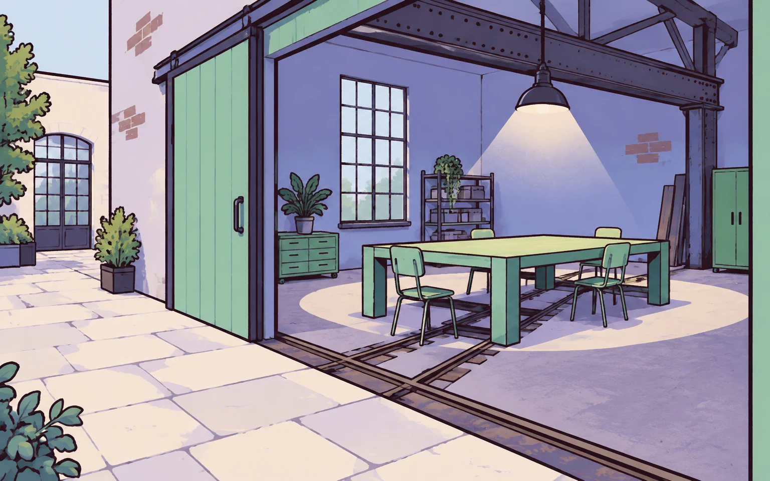 A hand-drawn illustration of a communal workspace in a former rail workshop, viewed from a pale paved courtyard through a wide mint sliding doorway.