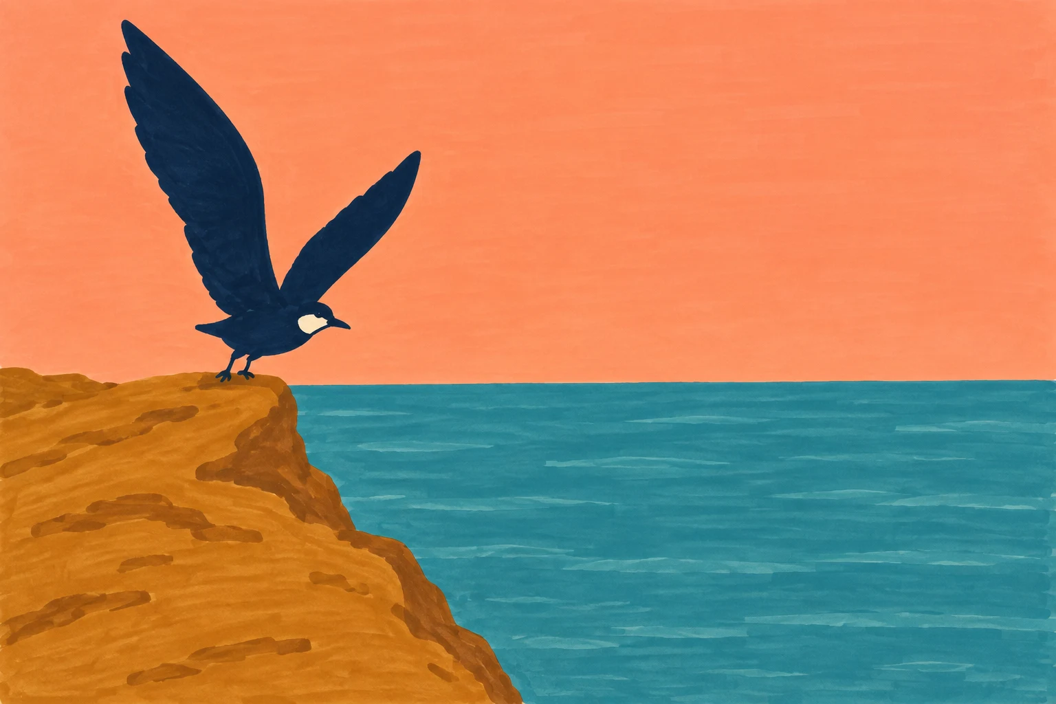 A dark navy seabird with oversized raised wings stands on an ochre rocky ledge above teal water, facing a broad peach sky.