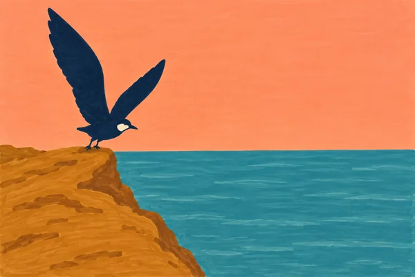 A dark navy seabird with oversized raised wings stands on an ochre rocky ledge above teal water, facing a broad peach sky.