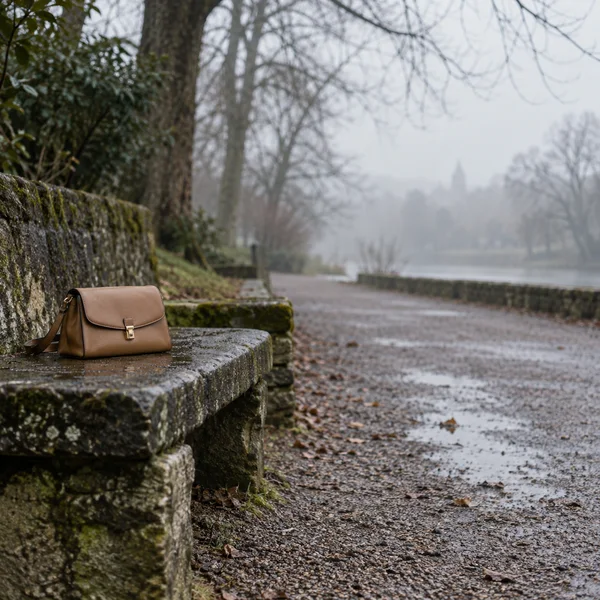 A closed tan leather handbag with a front clasp and loose strap rests on a damp, weathered stone bench beside an empty wet gravel path, with bare trees fading…