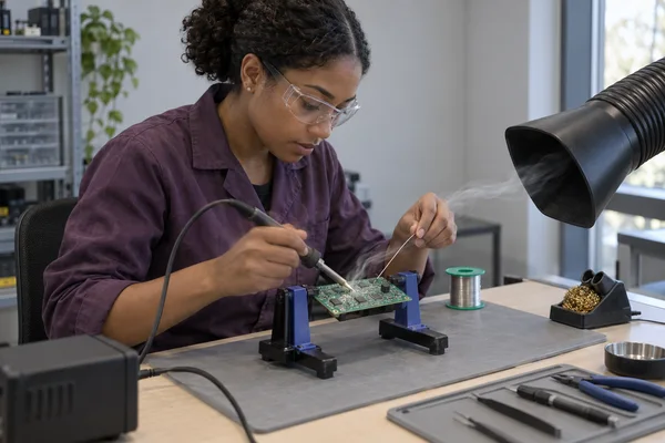 A young woman wearing clear safety glasses and a plum work jacket soldering a green circuit board held in a bench fixture, with a soldering iron in one hand…