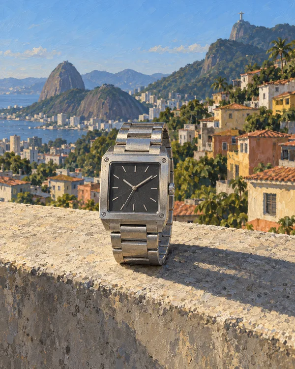 A square silver wristwatch with a charcoal dial stands on its metal bracelet on a sunlit concrete ledge, with hillside buildings, Sugarloaf Mountain and the…