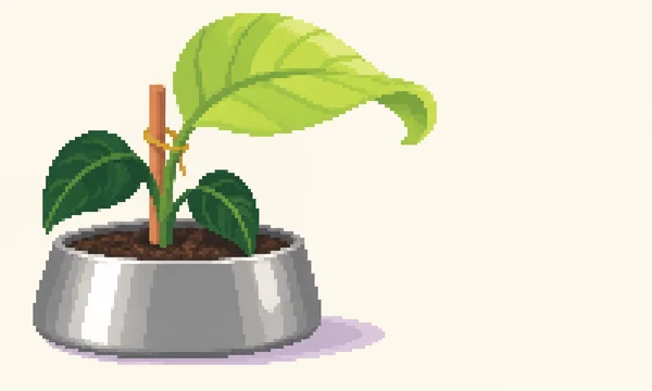 A young potted plant with one large lime-green leaf unfurling to the right above two dark-green leaves, supported by a terracotta stake and ochre loop.