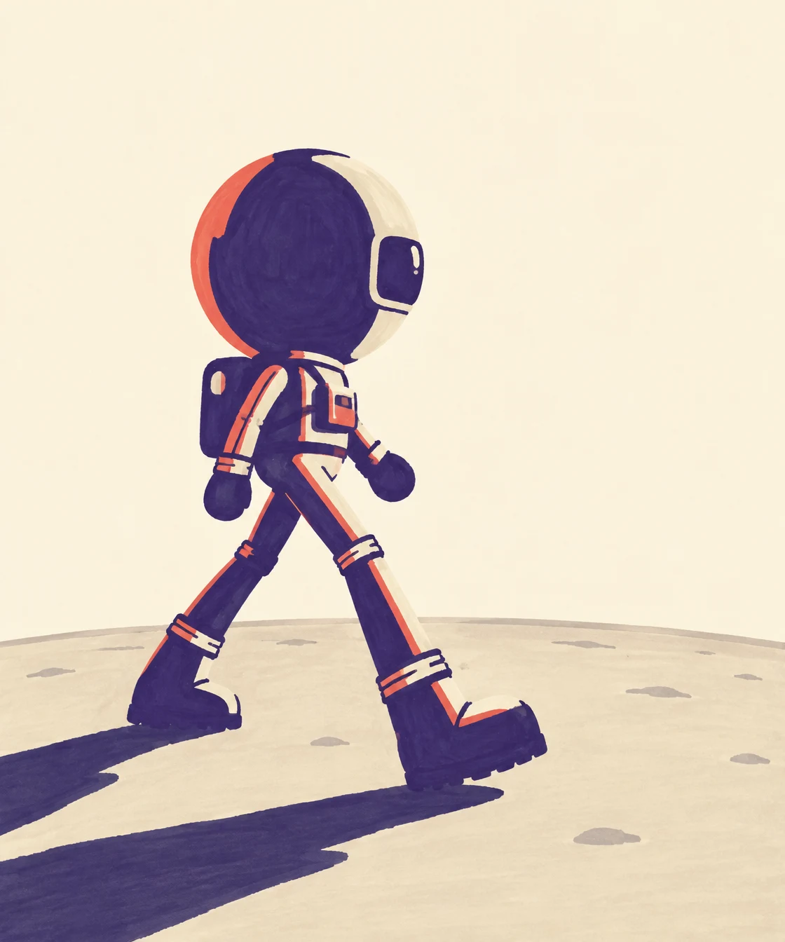 A large-headed astronaut in a deep-violet suit strides to the right across cream-colored lunar ground, with coral accents and a long shadow stretching toward…