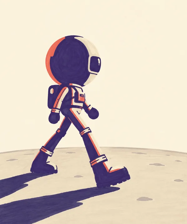 A large-headed astronaut in a deep-violet suit strides to the right across cream-colored lunar ground, with coral accents and a long shadow stretching toward…