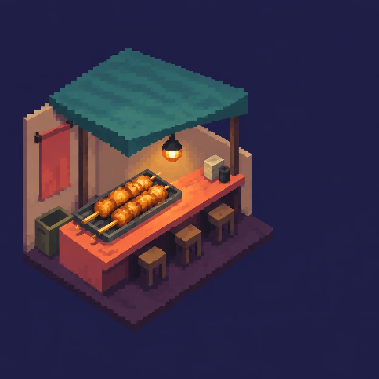 A pixelated isometric night-market food stall with a broad teal canopy, coral counter, lit tray of grilled skewers, hanging lamp, stools, and deep-indigo space…