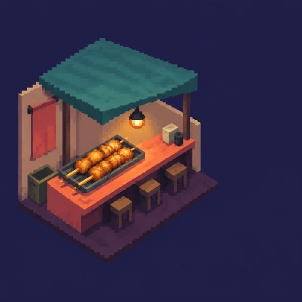 A pixelated isometric night-market food stall with a broad teal canopy, coral counter, lit tray of grilled skewers, hanging lamp, stools, and deep-indigo space…