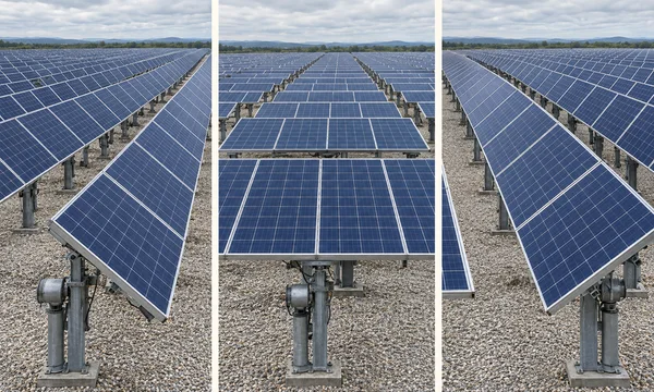 A three-panel sequence shows rows of blue photovoltaic panels on gravel beneath a cloudy sky, with a prominent foreground table angled left, nearly level, and…