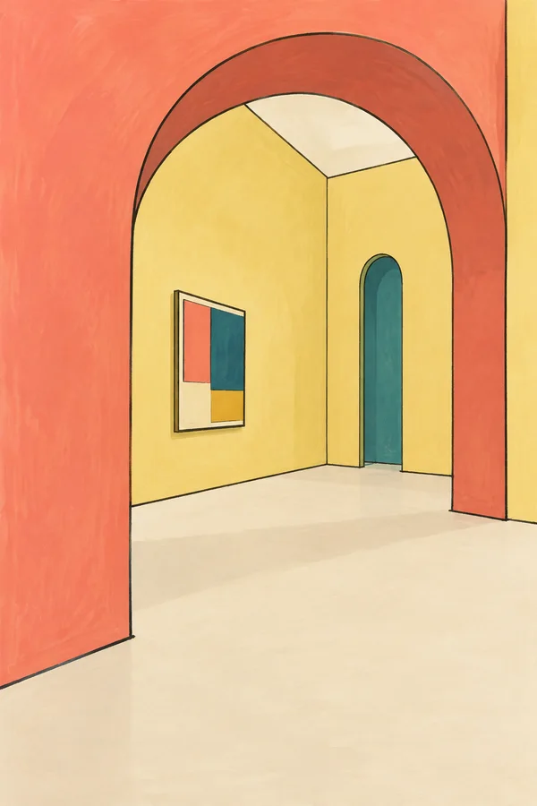 A large coral arch frames a quiet gallery with buttery-yellow walls, a small abstract color-block painting, a tall teal doorway, and a broad cream floor in the…