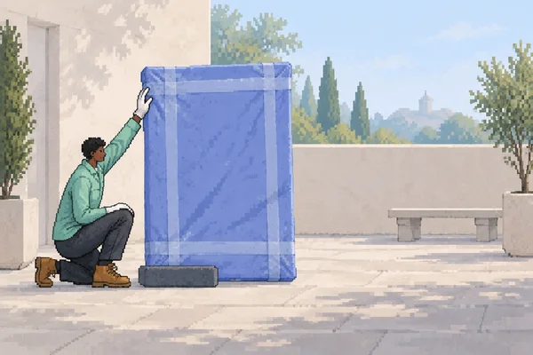 A dark-skinned art handler in a mint jacket and rust-colored boots kneels beside a large periwinkle-wrapped painting in a sunlit courtyard.