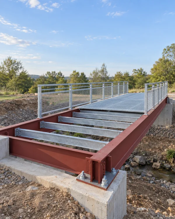 An unfinished red-oxide steel pedestrian bridge spans a rocky construction site, with exposed crossmembers in the foreground, galvanized decking and railings…