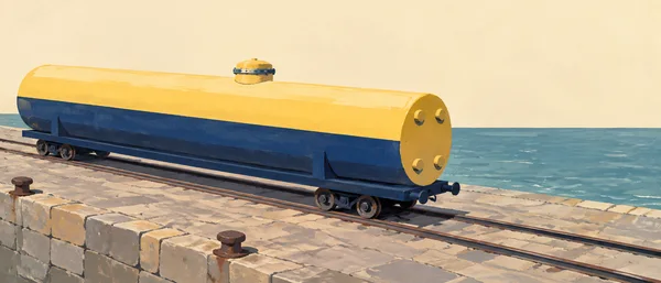 A long yellow-and-navy cylindrical freight tanker wagon sits on rails across a stone quay beside teal harbour water, beneath a warm cream sky.