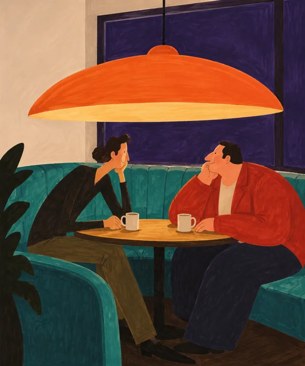 Two people sit facing each other at a small oval table with two cups in a curved turquoise booth.