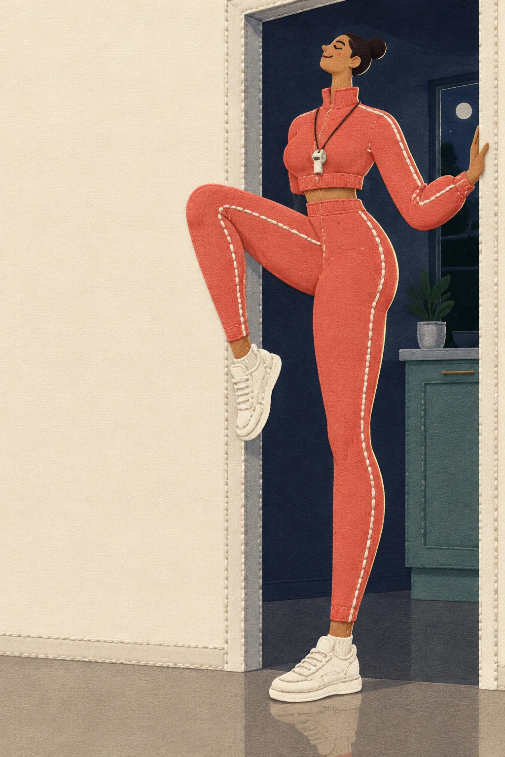A stylized fitness coach in a coral tracksuit balances in a knee lift in a deep-indigo doorway, one hand on the jamb and a whistle hanging from her neck.