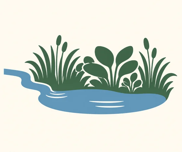 A stylized rain garden with dense green sedges and broad leaves behind a shallow blue catchment, fed by a blue channel entering from the left, on a warm ivory…