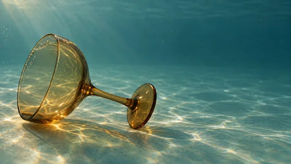An amber-glass coupe lies on its side on a teal underwater floor, with the bowl at left, its stem and foot extending toward the center, and small bubbles along…