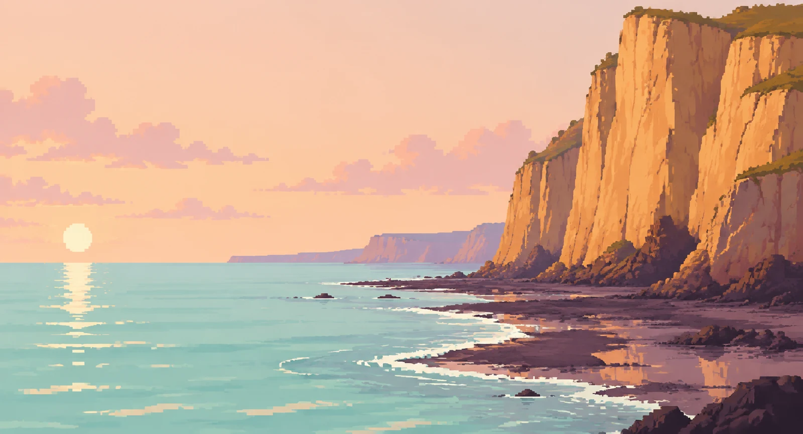 A tall, orange-ochre coastal cliff rises along the right side above a dark plum shoreline and pale turquoise water.